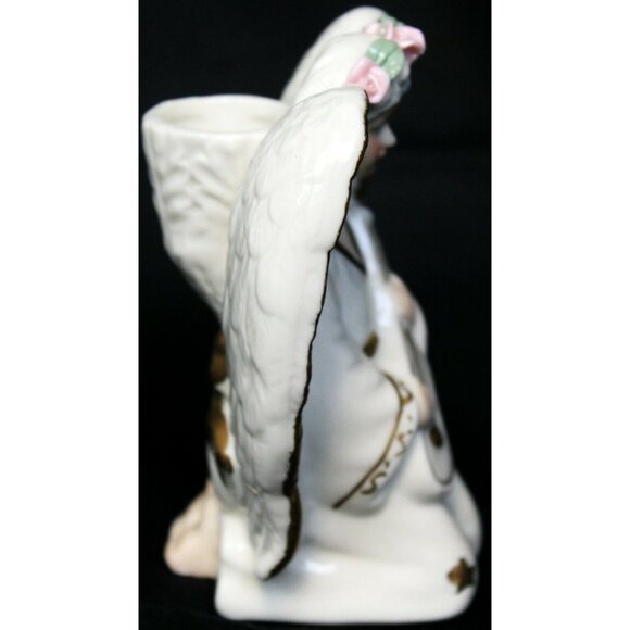 Vtg 80s White Porcelain Ceramic Angel Candle Holder Gold Trim Playing Instrument - Picture 2 of 8
